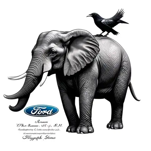 A black and grey realism sleeve featuring an elephant, a crow, the Ford Thunderbird logo, Romans 8:31, and Sisyphus tattoo design idea