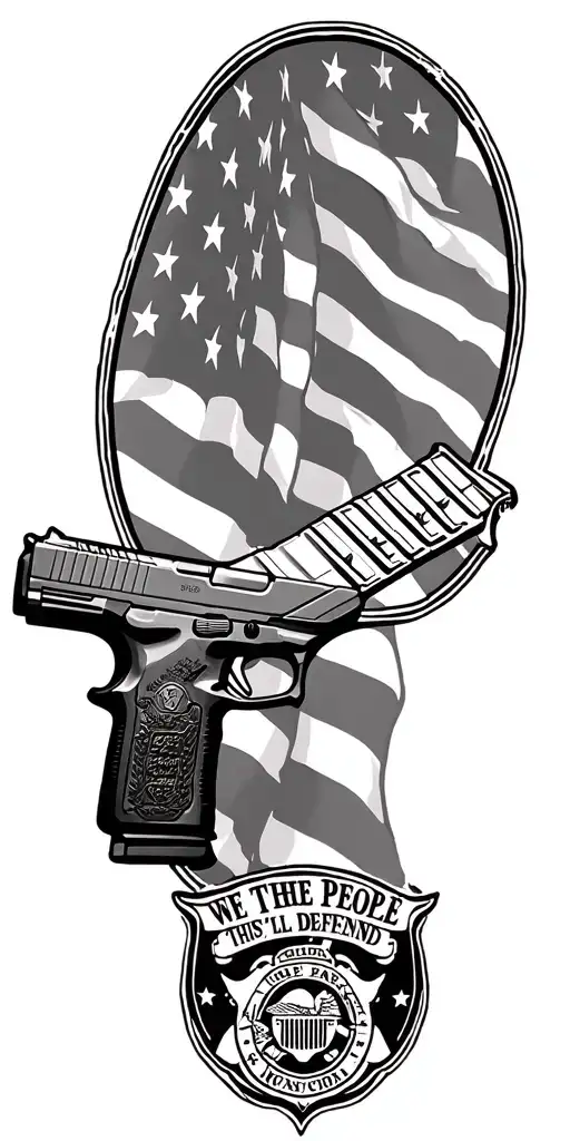 American Flag with Glock pistol and oval police badge with the words "We the People" and "This we'll Defend" tattoo design idea