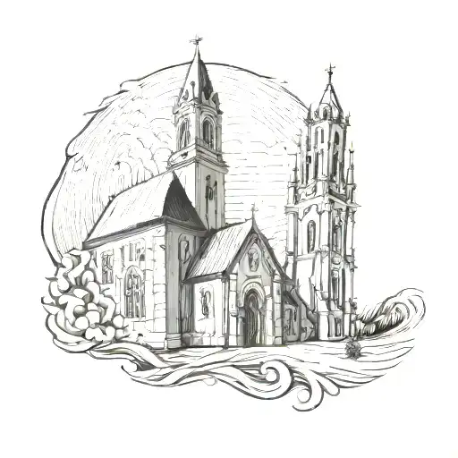 camino shell with church in back tattoo design idea
