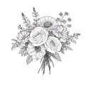 bouquet with roses, larkspurs, and marigolds tattoo design idea