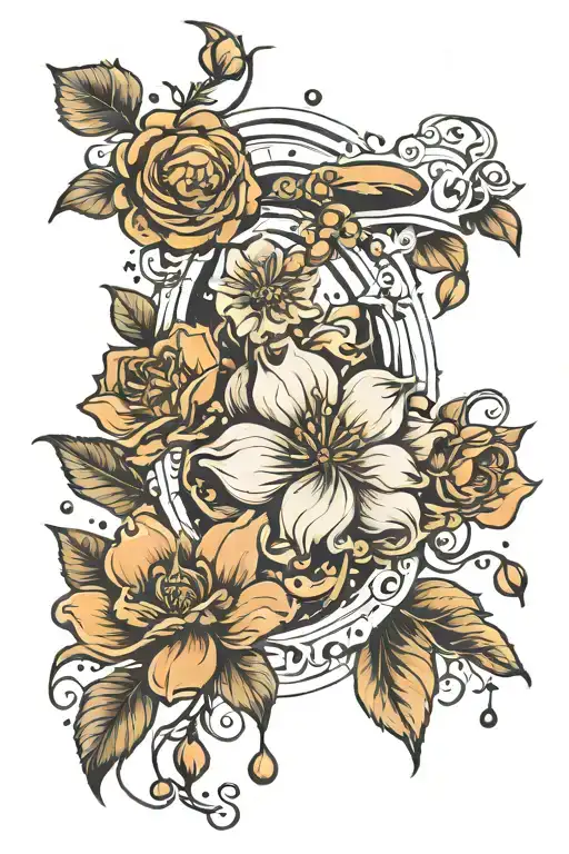 Jupiter flower drops falling kids names in stem tattoo design idea