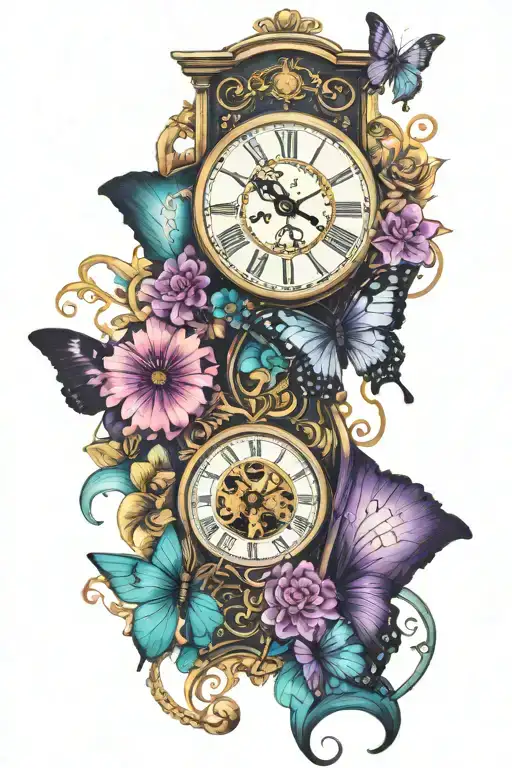 butterflies, steampunk clock with hour glass, cosmos, merigolds, purple and teal awareness ribbon tattoo design idea