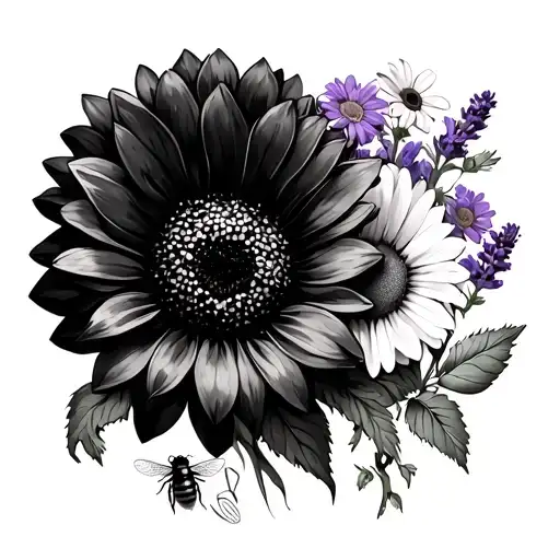 shoulder tattoo of a zinnia, sunflower, lavender, daisy and a bee black and grey tattoo design idea