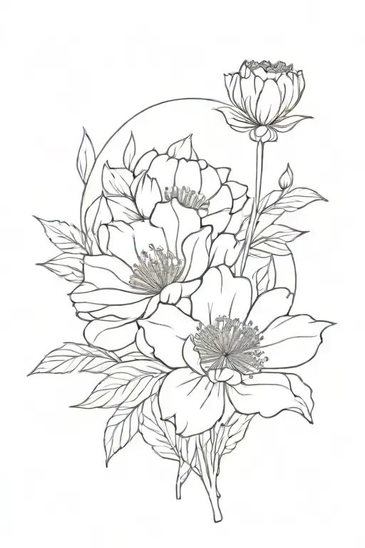 flower bouquet 2 poppys, 3 lilies, carnation, peony, aster tattoo design idea