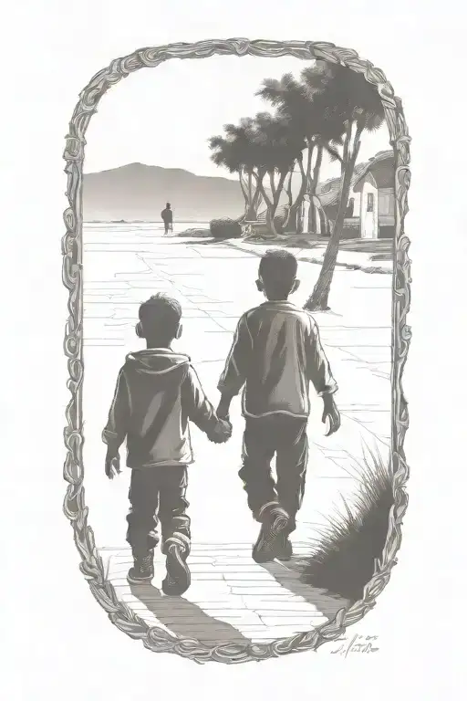 siloutte of an older brother and younger brother walking away hand in hand tattoo design idea