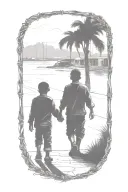 siloutte of an older brother and younger brother walking away hand in hand tattoo design idea
