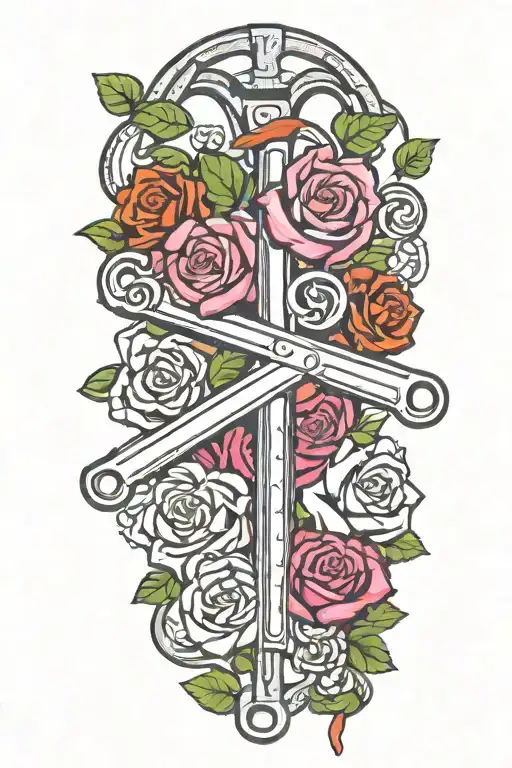 pipe wrench with roses and clovers tattoo design idea