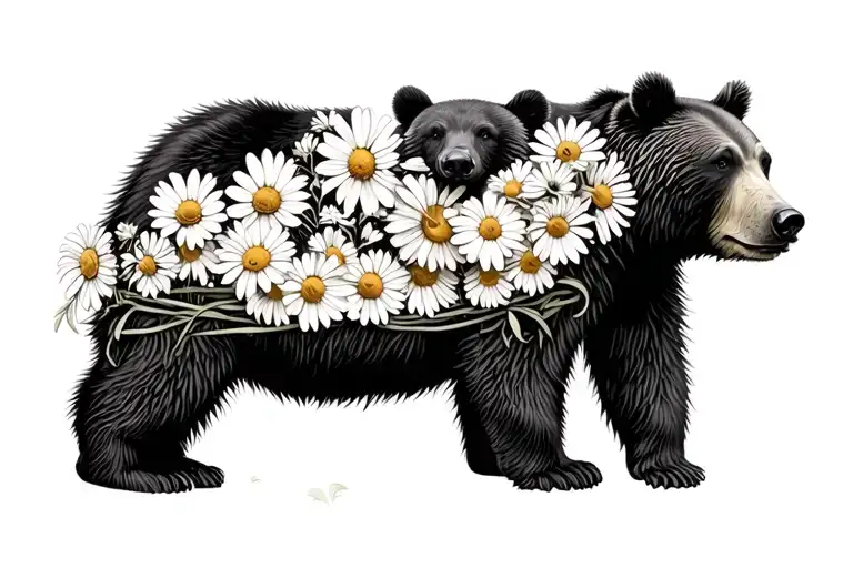 Eurasian brown bear with 2 cubs wrapped in chamomiles  tattoo design idea