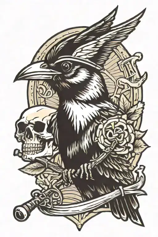 in the style of aviation nose art, an anthropamorphic sparrow with on foot on a sparrow skull, holding a trident with a  tattoo design idea