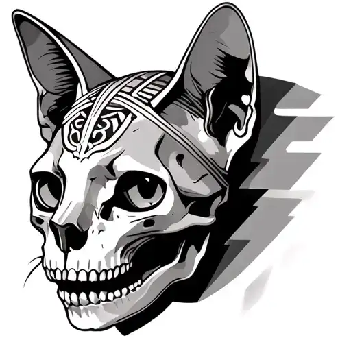 The head of the koshi sphinx on half the head of the Sphinx cat skull tattoo design idea
