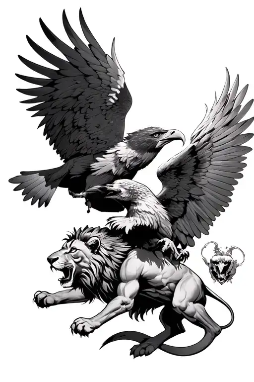 a lion and an eagle in a fight angels and demons tattoo design idea