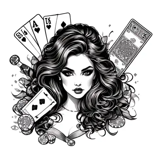 gambling, booze and woman face tattoo design idea