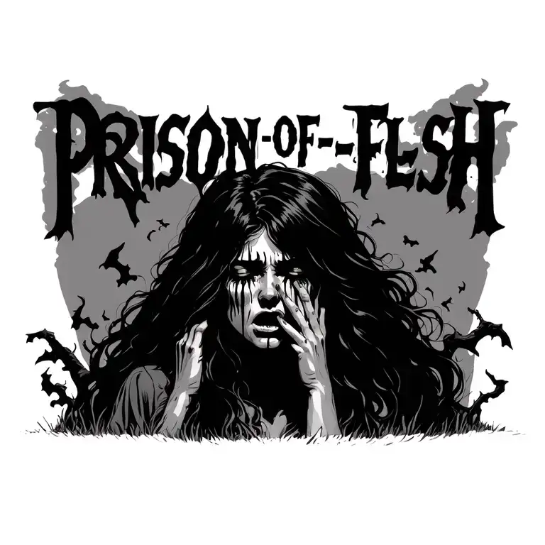 graveyard of souls with woman crying. Above the text "PRISON-OF-FLESH" tattoo design idea