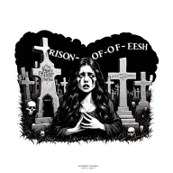 graveyard of souls with woman crying. Above the text "PRISON-OF-FLESH" tattoo design idea