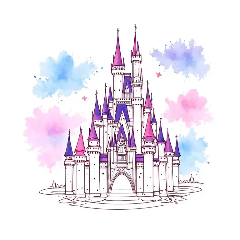 Walt Disney world Cinderella castle with a little color pink purple blue tattoo design idea