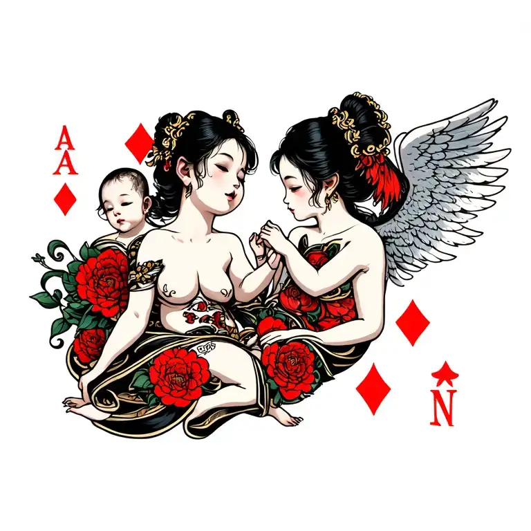 four aces with aborted baby angel tattoo design idea