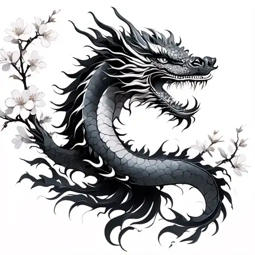 feminine Chinese dragon with cherry blossoms tattoo design idea