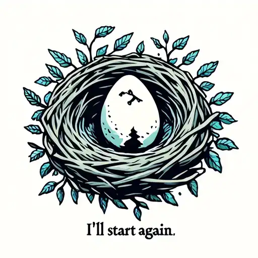 "I'll start again" egg cracking in a bird nest tattoo design idea