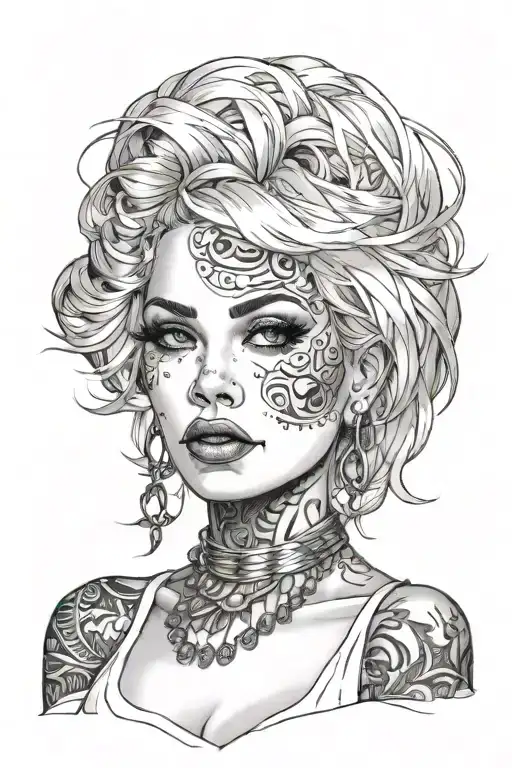 Sexy girl, Huge boobs, cleavage, petite, pure white eyes, torn clothing, short white bob hairstyle, waist up view  tattoo design idea