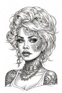 Sexy girl, Huge boobs, cleavage, petite, pure white eyes, torn clothing, short white bob hairstyle, waist up view  tattoo design idea