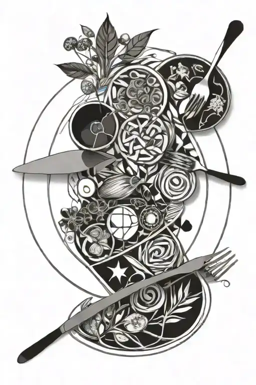 A plate with different types of food in it, plus cutlery on the sides tattoo design idea