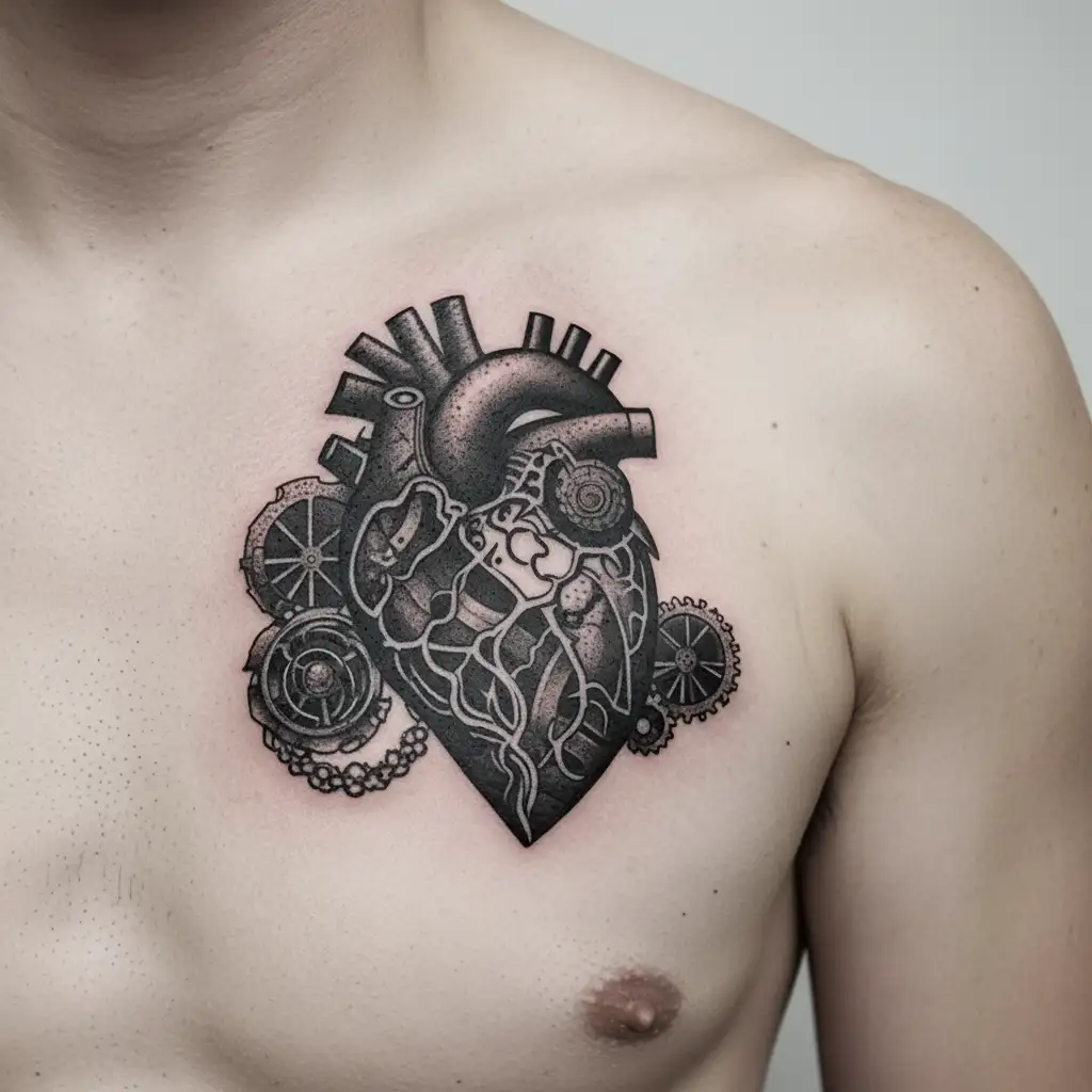An intricate mechanical heart design symbolizing the importance of self-love and self-care tattoo design idea