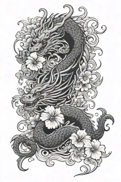 Japanese dragon with hibiscus flowers saying "she is art made in heaven" in Japanese  tattoo design idea