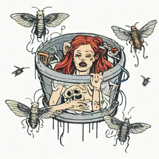dead female hookerdead body with red hair and pigtails stuffed in a trash can with flies buzzing around tattoo design idea