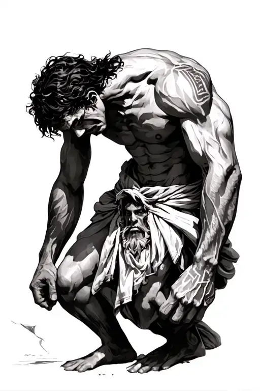 Scene from odyssey where odyssues tells the cyclops his name is nobody, and hes down a half bowing position, with cyclop tattoo design idea