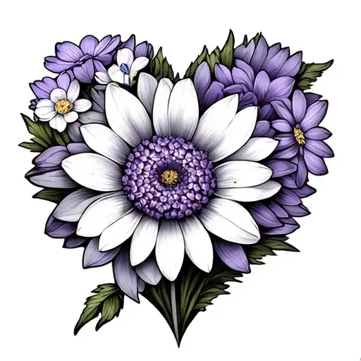 chrysanthemum violet snowdrop daffodil heart shape tattoo design idea