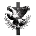 Bald eagle embracing a crucifix and looking up as for the freedom tattoo design idea