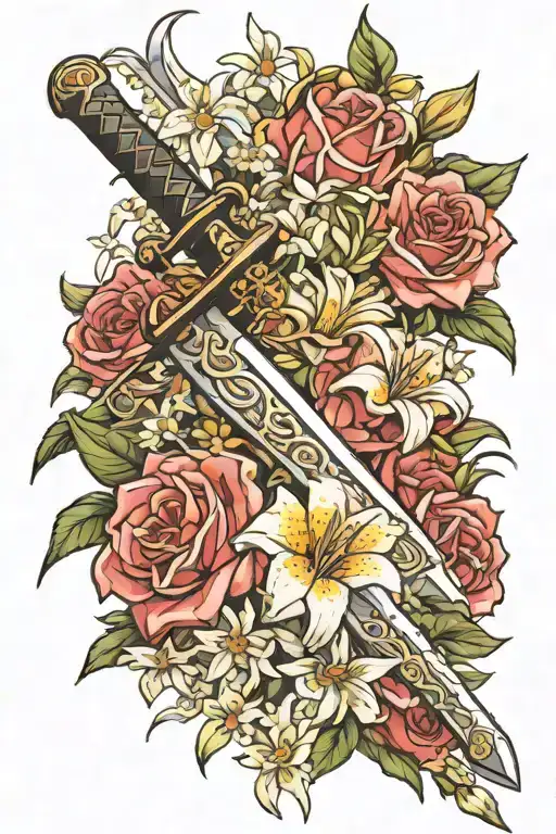 Roses, white lilies, daisies, gypsophila, samurai sword tattoo design idea