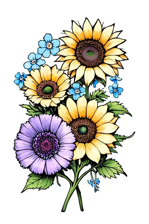sunflower, poppy flower, forget-me-not, Gerbera flowers tattoo design idea