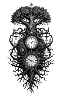 gothic tree of life with midevil roots intertwined with v-twin motor, libra scales and a clock tattoo design idea