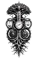 gothic tree of life with midevil roots intertwined with v-twin motor, libra scales and a clock tattoo design idea