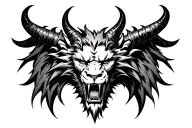 demon lion face with extra teeth and horns bahamut head , front facing tattoo design idea