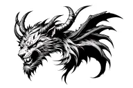 demon lion face with extra teeth and horns bahamut head , front facing tattoo design idea
