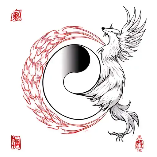 Yin Yang Tai Chi Diagram of the Nine-Tailed Fox and the Phoenix tattoo design idea