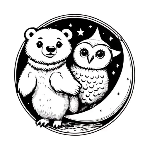 baby polar bear, baby owl, star, and sliver moon tattoo design idea