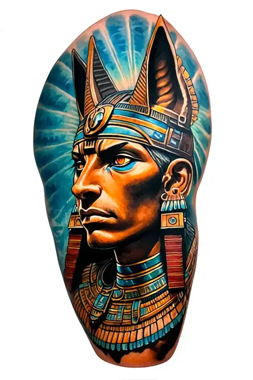 Aztec Warrior With Technology With Egyptian God Anubis, Inka Symbolism, All Seing Eye tattoo design idea