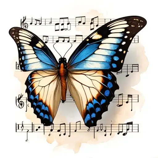 A realistic butterfly resting on a musical note tattoo design idea