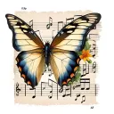 A realistic butterfly resting on a musical note tattoo design idea
