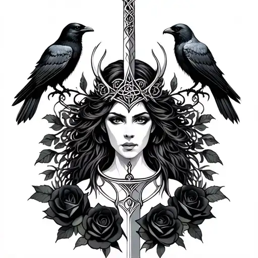 Celtic Goddess, Morrigan. Surrounded by ravens, black roses and swords tattoo design idea