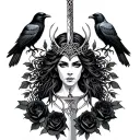 Celtic Goddess, Morrigan. Surrounded by ravens, black roses and swords tattoo design idea