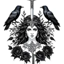 Celtic Goddess, Morrigan. Surrounded by ravens, black roses and swords tattoo design idea