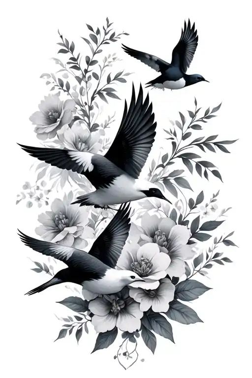floral and birds flying tattoo design idea