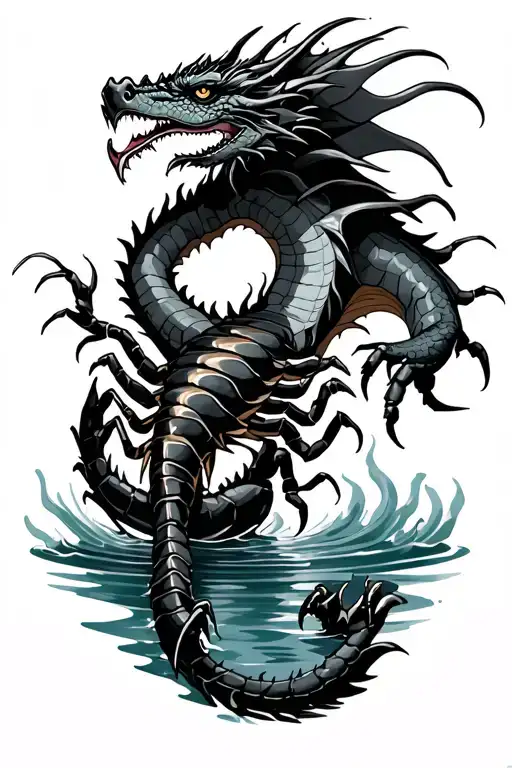 dragon coming out of water with a scorpion  tattoo design idea