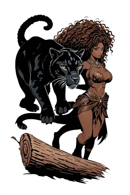 a female warrior with long brown curly hair and brown skin petting a black panther walking on log tattoo design idea