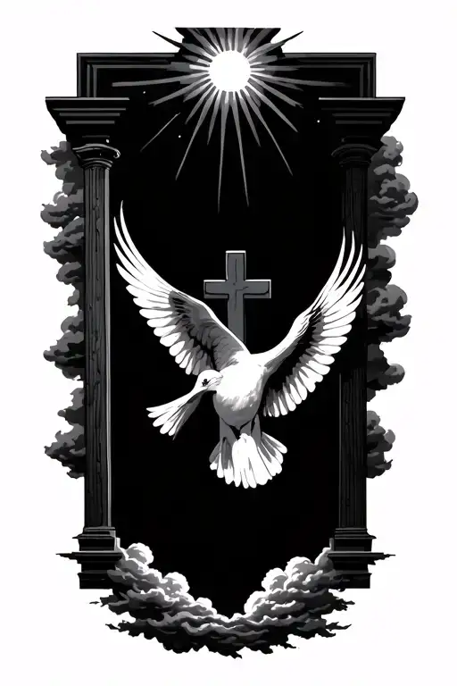 cross gates to heaven dove flying clouds with sun rays tattoo design idea
