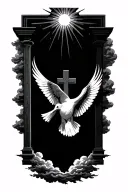 cross gates to heaven dove flying clouds with sun rays tattoo design idea